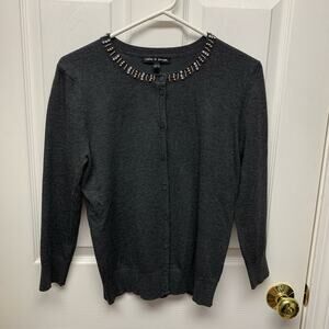 Cable and Gauge Sweater Charcoal Gray Cardigan, Beaded Neck, Festive Size S